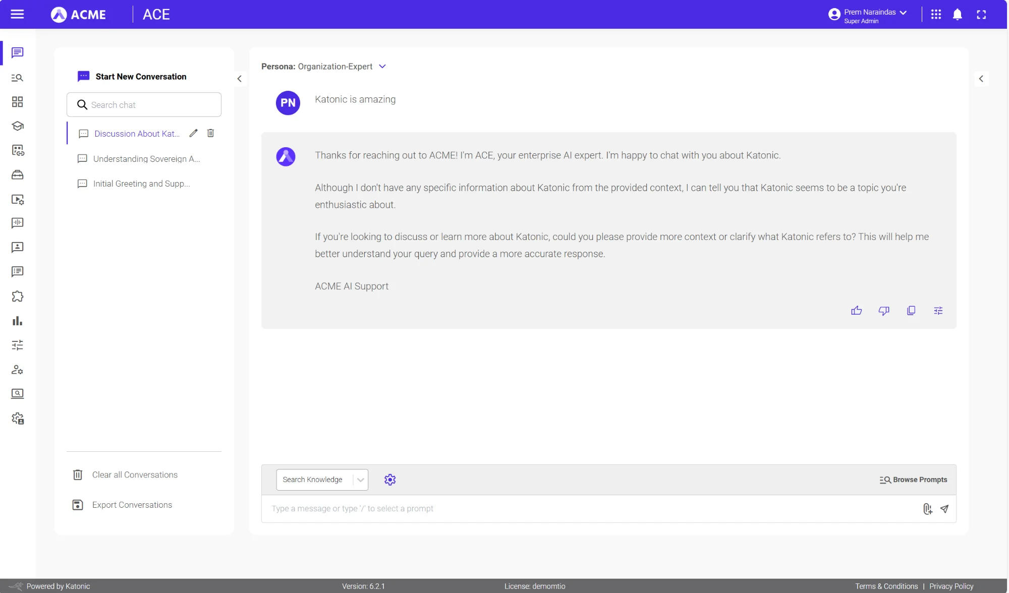 ACE Co-pilot interface showing enterprise AI chat with Ask Create Execute workflow integrated with Salesforce SAP SharePoint